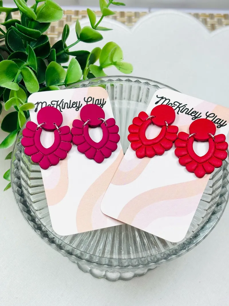 Emma Dangle earrings in cranberry and red on McKinley Clay cards
